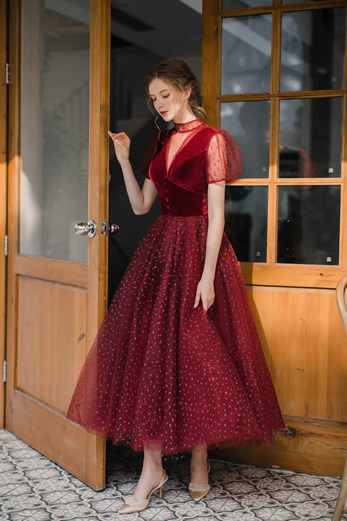 Wine Red Velvet and Tulle Tea Length Party Dress, Wine Red Wedding Party Dress